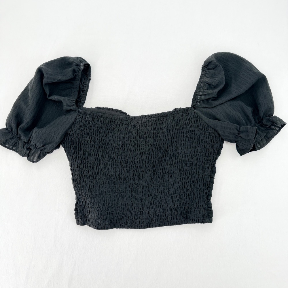 Privy Crop Top Womens Small Black Puff Sleeve Ruched Milkmaid PT40873N - Picture 4 of 7